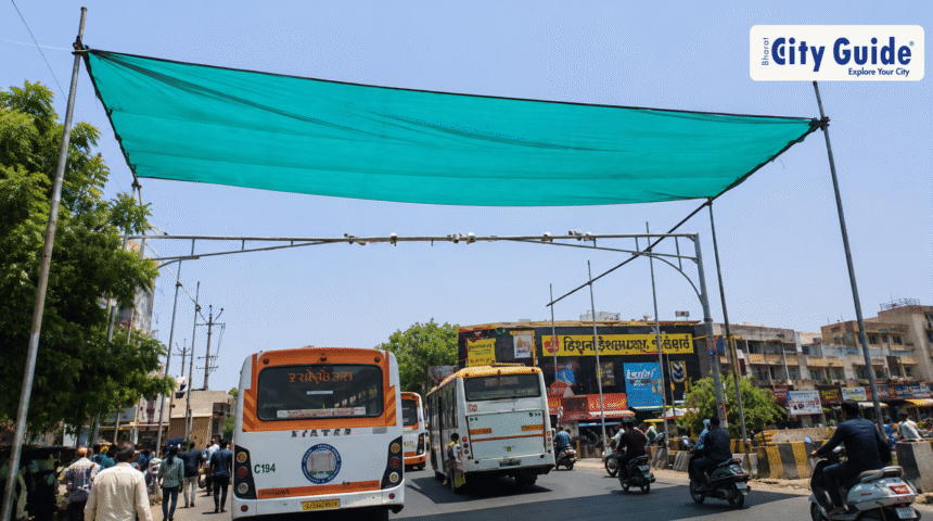 Rajkot Municipal Corporation’s Thoughtful Summer Initiative Shade Cover and Cooling Water Sprinklers at Trikon Baug Chowk Bring Relief to Citizens