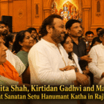 Dr Darshita Shah, Kirtidan Gadhvi and Mayabhai Ahir at Sanatan Setu Hanumant Katha in Rajkot