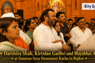 Dr Darshita Shah, Kirtidan Gadhvi and Mayabhai Ahir at Sanatan Setu Hanumant Katha in Rajkot