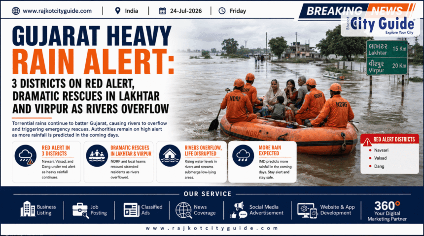 Gujarat Heavy Rain Alert: 3 Districts on Red Alert, Dramatic Rescues in Lakhtar and Virpur as Rivers Overflow