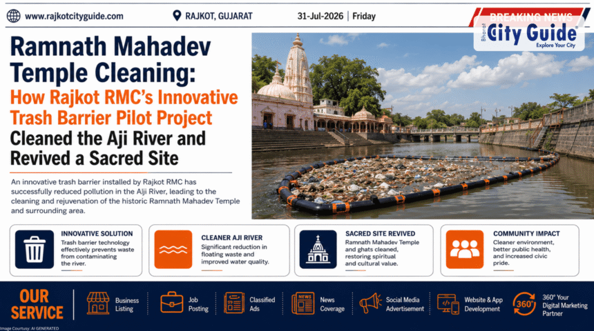Ramnath Mahadev Temple Cleaning: How Rajkot RMC’s Innovative Trash Barrier Pilot Project Cleaned the Aji River and Revived a Sacred Site