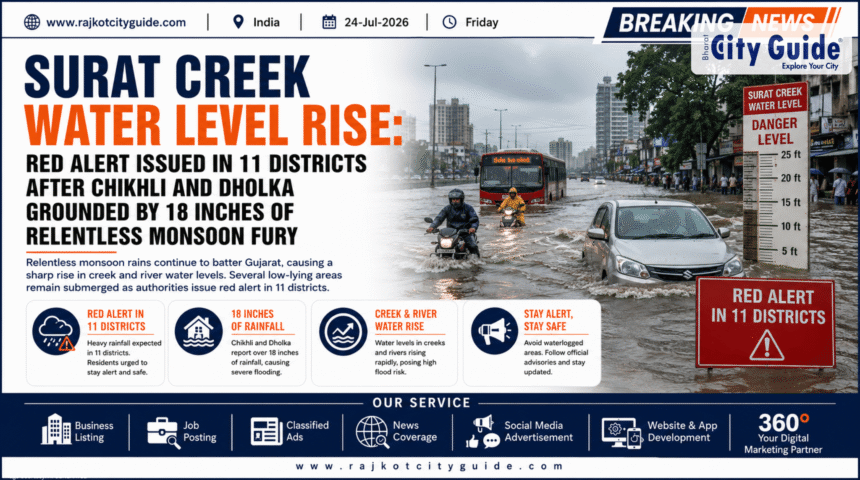 Surat Creek Water Level Rise: Red Alert Issued in 11 Districts After Chikhli and Dholka Grounded by 18 Inches of Relentless Monsoon Fury