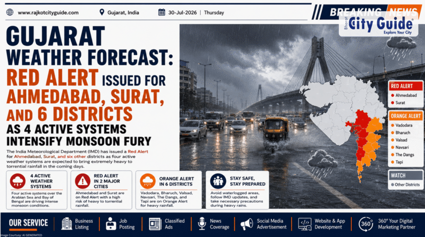 Gujarat Weather Forecast: Red Alert Issued for Ahmedabad, Surat, and 6 Districts as 4 Active Systems Intensify Monsoon Fury