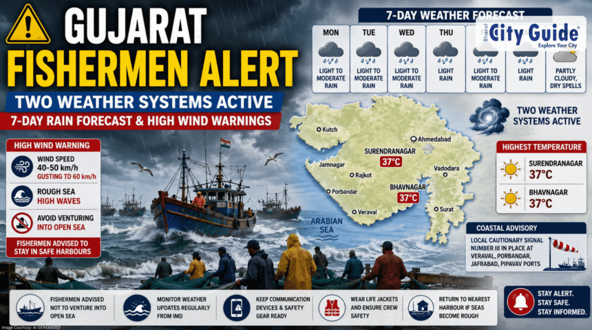 Gujarat Fishermen Alert Two Weather Systems Activate 7-Day Rain Forecast with High Wind Warnings Across the Coastline