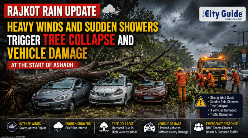Rajkot Rain Update Heavy Winds And Sudden Showers Trigger Tree Collapse And Vehicle Damage At The Start of Ashadh