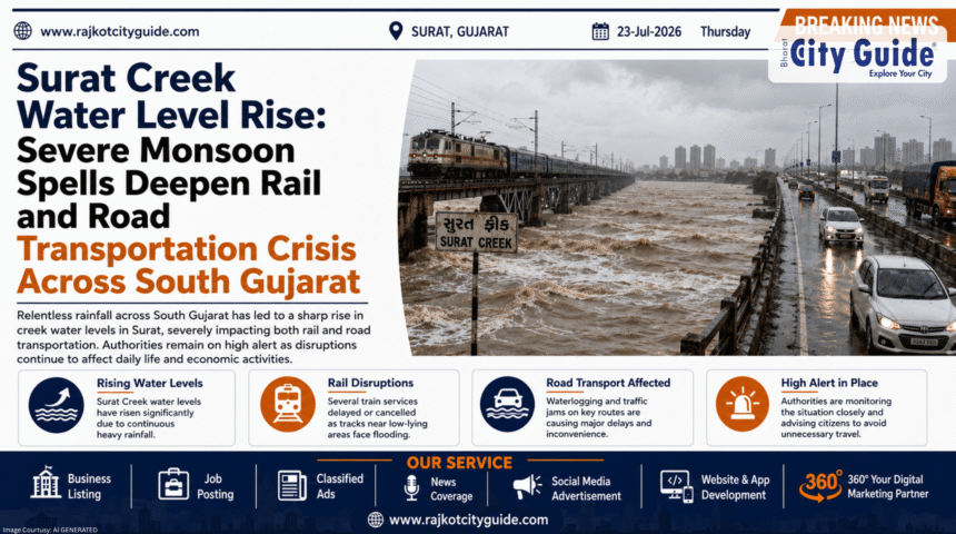 Surat Creek Water Level Rise: Severe Monsoon Spells Deepen Rail and Road Transportation Crisis Across South Gujarat