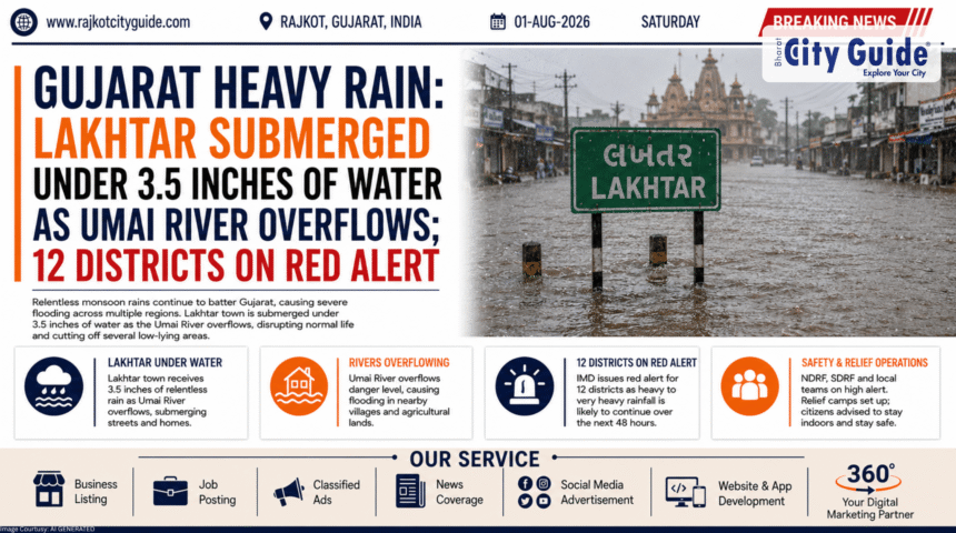 Gujarat Heavy Rain: Lakhtar Submerged Under 3.5 Inches of Water as Umai River Overflows; 12 Districts on Red Alert