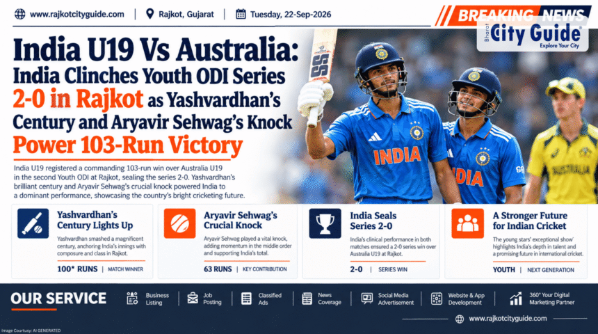 India U19 Vs Australia: India Clinches Youth ODI Series 2-0 in Rajkot as Yashvardhan’s Century and Aryavir Sehwag’s Knock Power 103-Run Victory