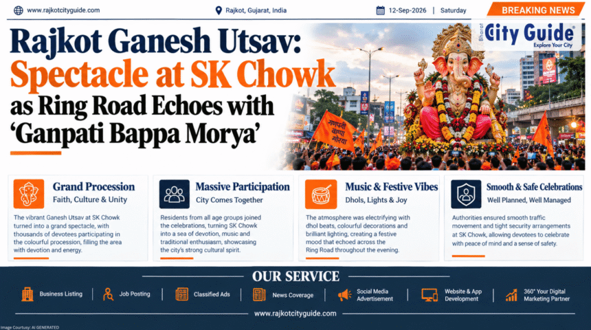 Rajkot Ganesh Utsav: Spectacle at SK Chowk as Ring Road Echoes with 'Ganpati Bappa Morya'