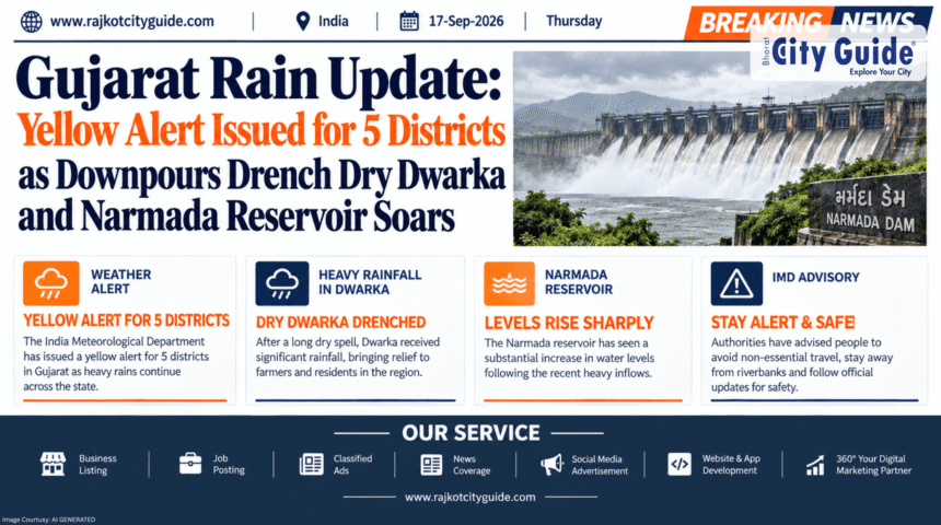 Gujarat Rain Update: Yellow Alert Issued for 5 Districts as Downpours Drench Dry Dwarka and Narmada Reservoir Soars