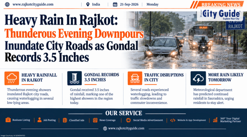 Heavy Rain In Rajkot: Thunderous Evening Downpours Inundate City Roads as Gondal Records 3.5 Inches