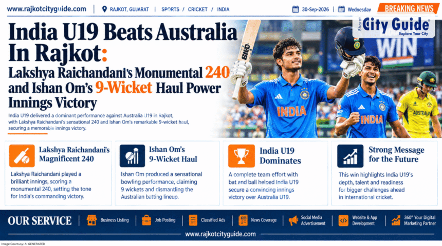India U19 Beats Australia In Rajkot: Lakshya Raichandani’s Monumental 240 and Ishan Om’s 9-Wicket Haul Power Innings Victory