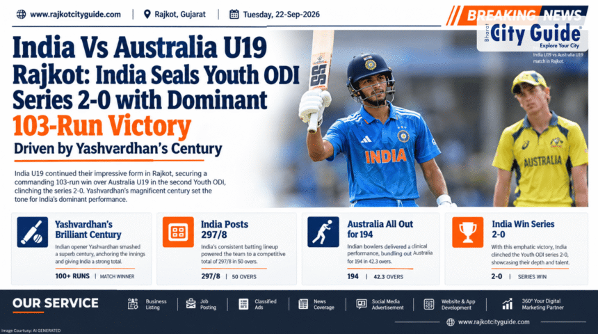 India Vs Australia U19 Rajkot: India Seals Youth ODI Series 2-0 with Dominant 103-Run Victory Driven by Yashvardhan’s Century