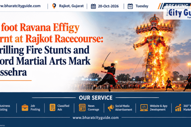 60 foot Ravana Effigy Effigy Burnt at Rajkot Racecourse: Thrilling Fire Stunts and Sword Martial Arts Mark Dussehra