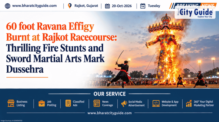 60 foot Ravana Effigy Effigy Burnt at Rajkot Racecourse: Thrilling Fire Stunts and Sword Martial Arts Mark Dussehra
